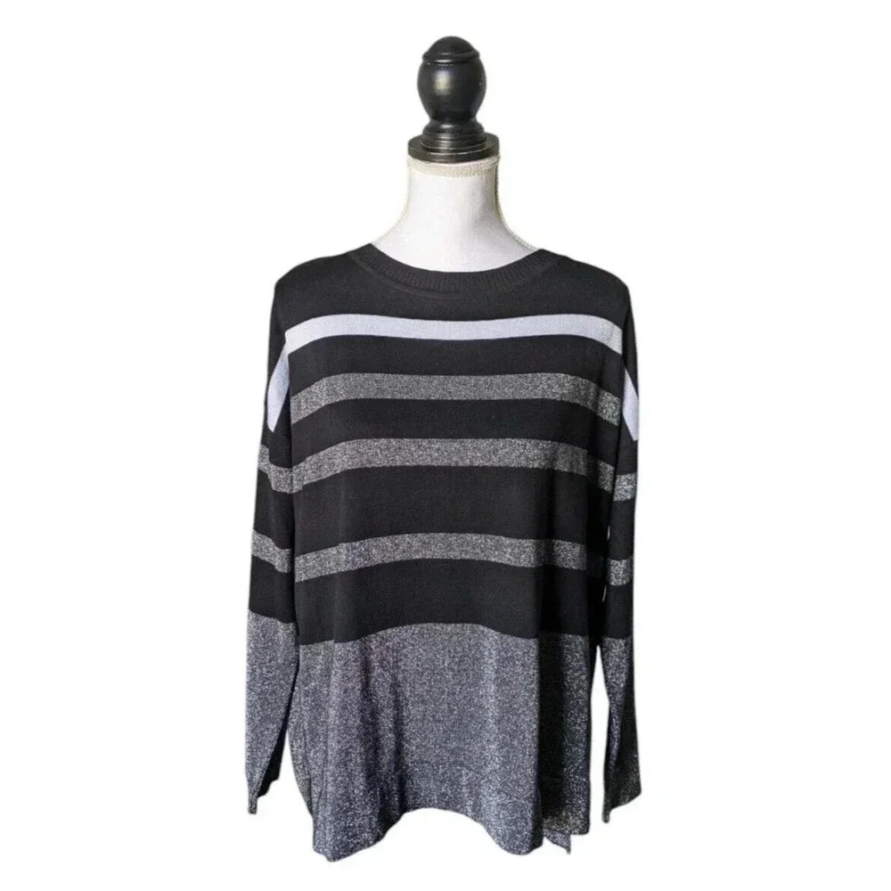 Planet by Lauren Black Gray Metallic Striped Sweater OSFA Pima Cotton Modal Peru